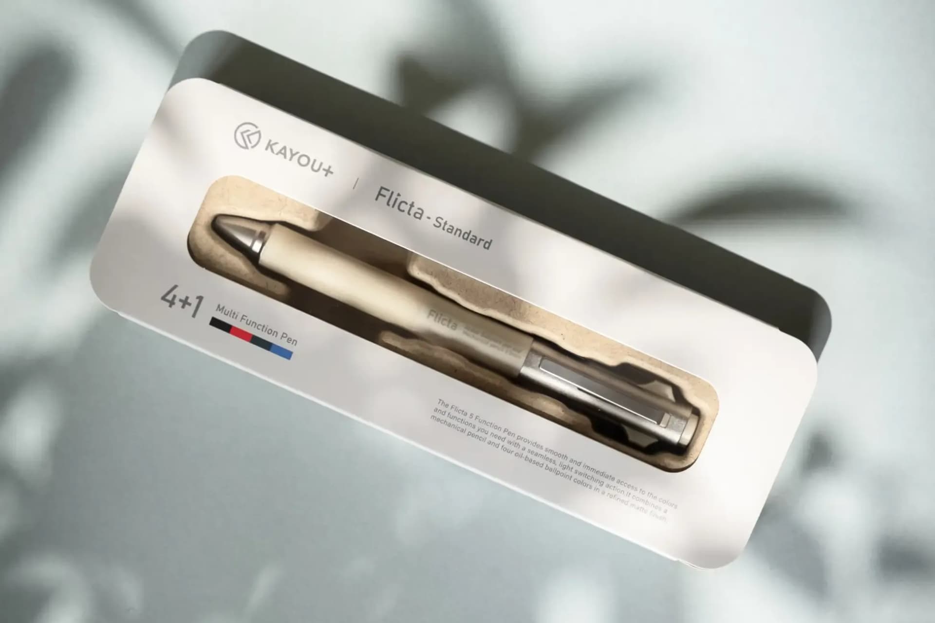 KAYOU+ Flicta Standard 4+1 multi function pen displayed in its white and grey product packaging.